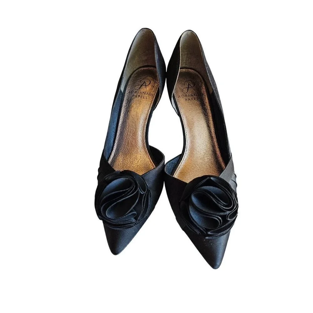 Black Satin Peep Toe Heels With Rosette Detail 3.5